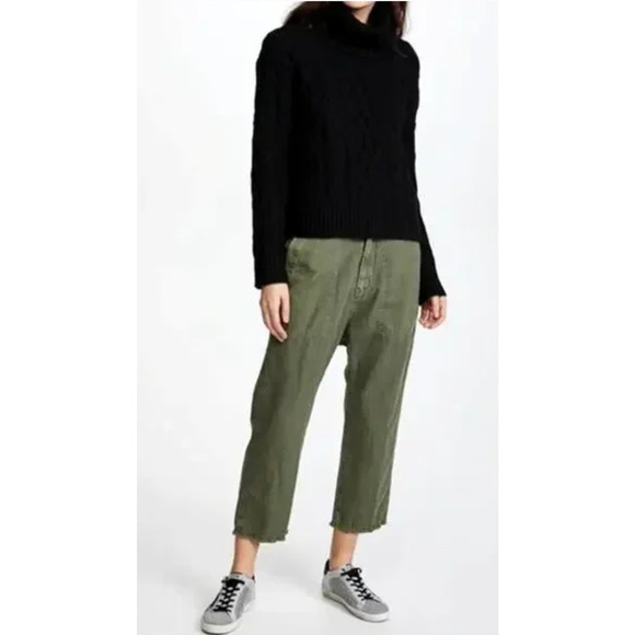 Nili Lotan 2 Slouchy Linen Luna Pant $395 Drop Crotch Crop Cotton Army Green NWT - Picture 3 of 10